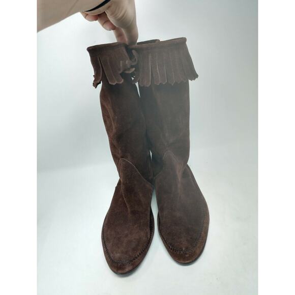 Jimmy Choo Brown Suede Fringed Gold Logo Moccasin Boots EU 37.5 Mid Calf Boho 7M - Picture 2 of 9